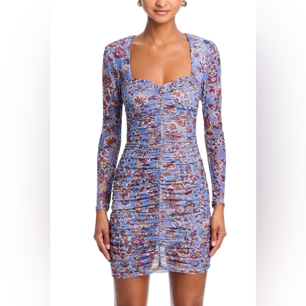AQUA Long Sleeve Floral Dress in Blue‎ Ruched Mesh